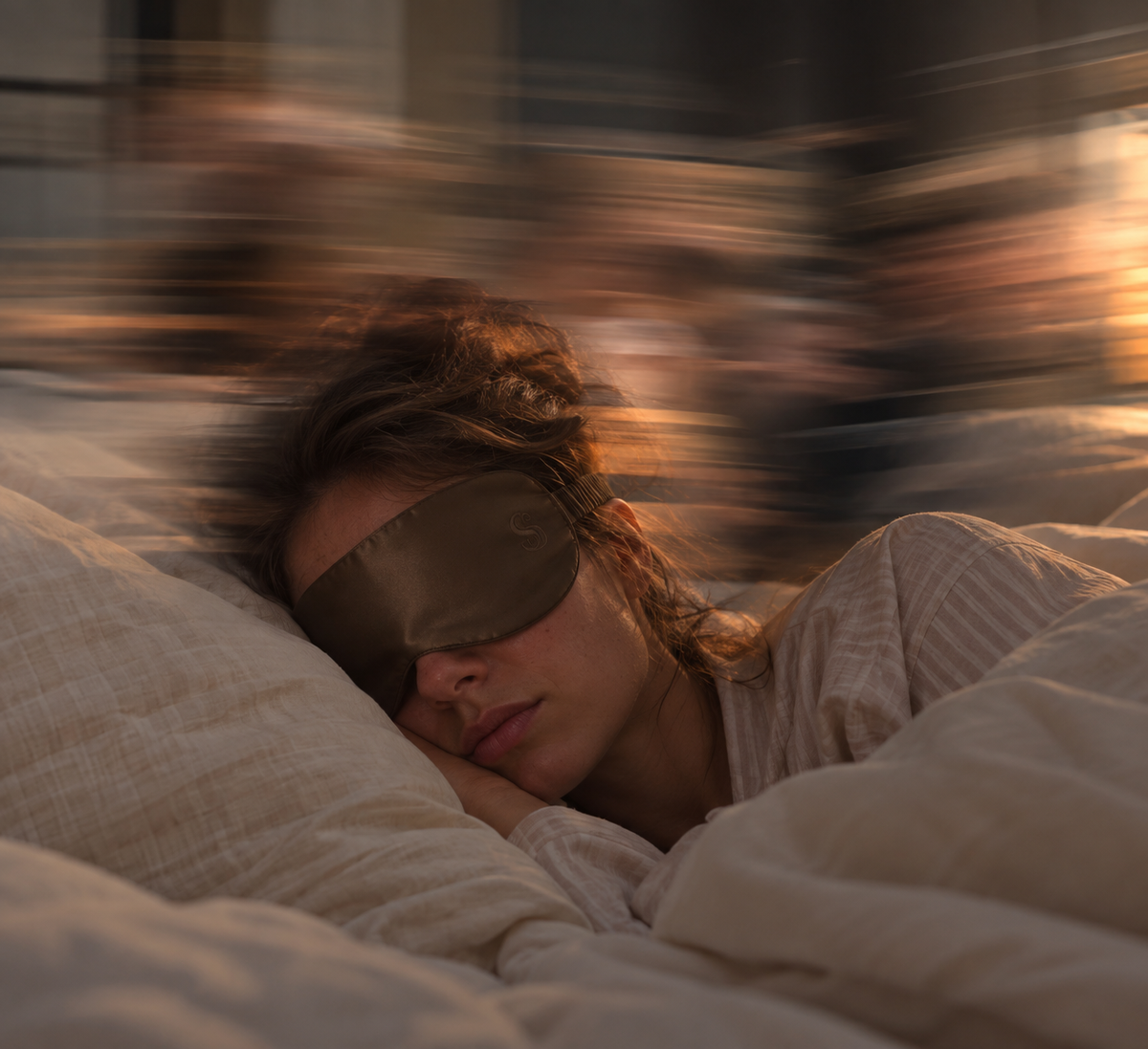 Een vrouw slaapt met een Sopora-slaapmasker, terwijl de wereld achter haar in een waas voorbij raast