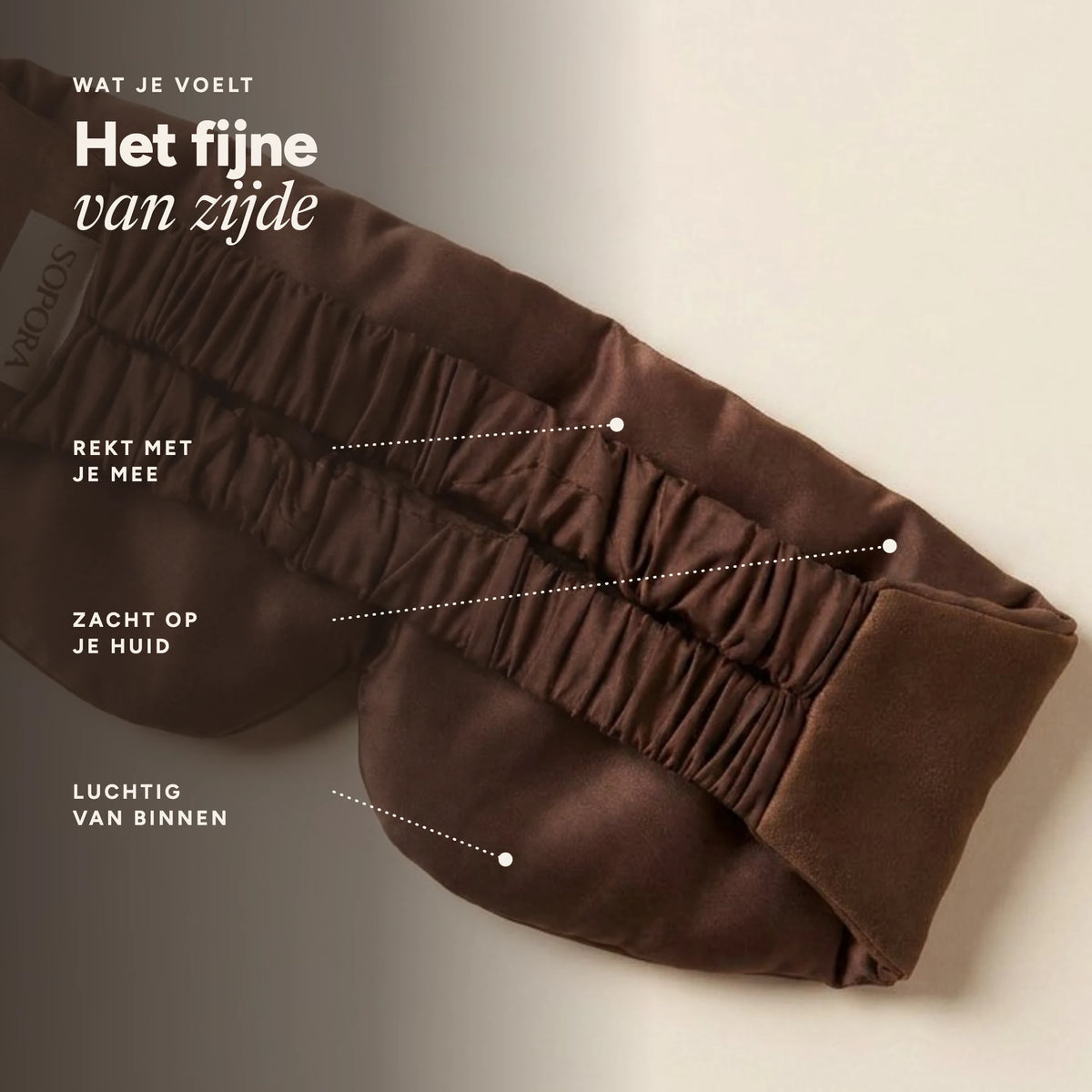 Het fijne van zijde: het Nera slaapmasker rekt met je mee, is zacht op je huid en luchtig van binnen