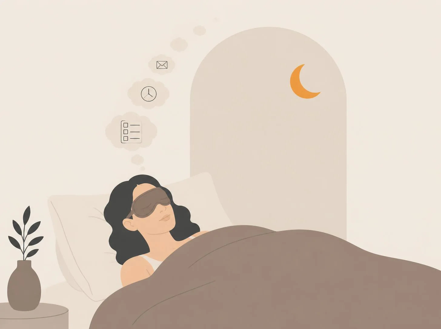 Getekende vrouw met slaapmasker in bed, gedachtewolkjes drijven boven haar weg