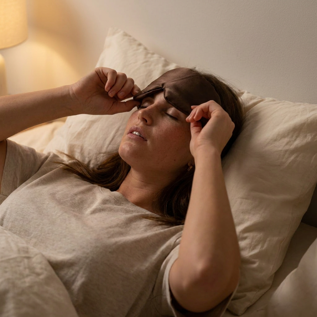 Vrouw zet het Nera slaapmasker op in bed
